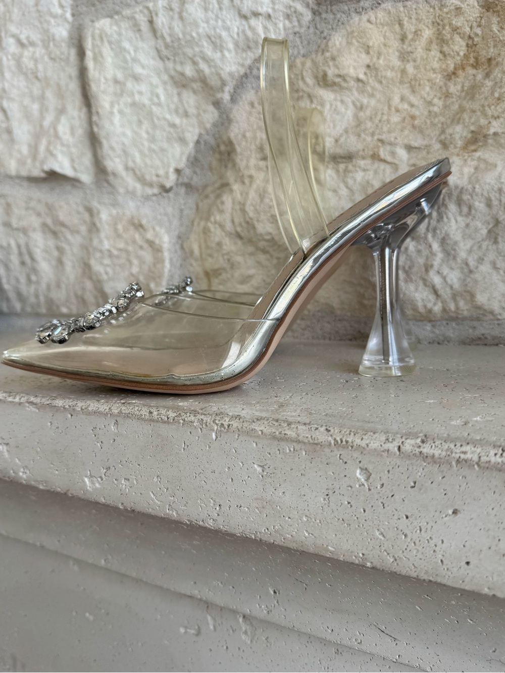 Gianni Bini Clear PVC Pointed Toe Slingback Heels with Crystal Medallion - Nude - Picture 4 of 5